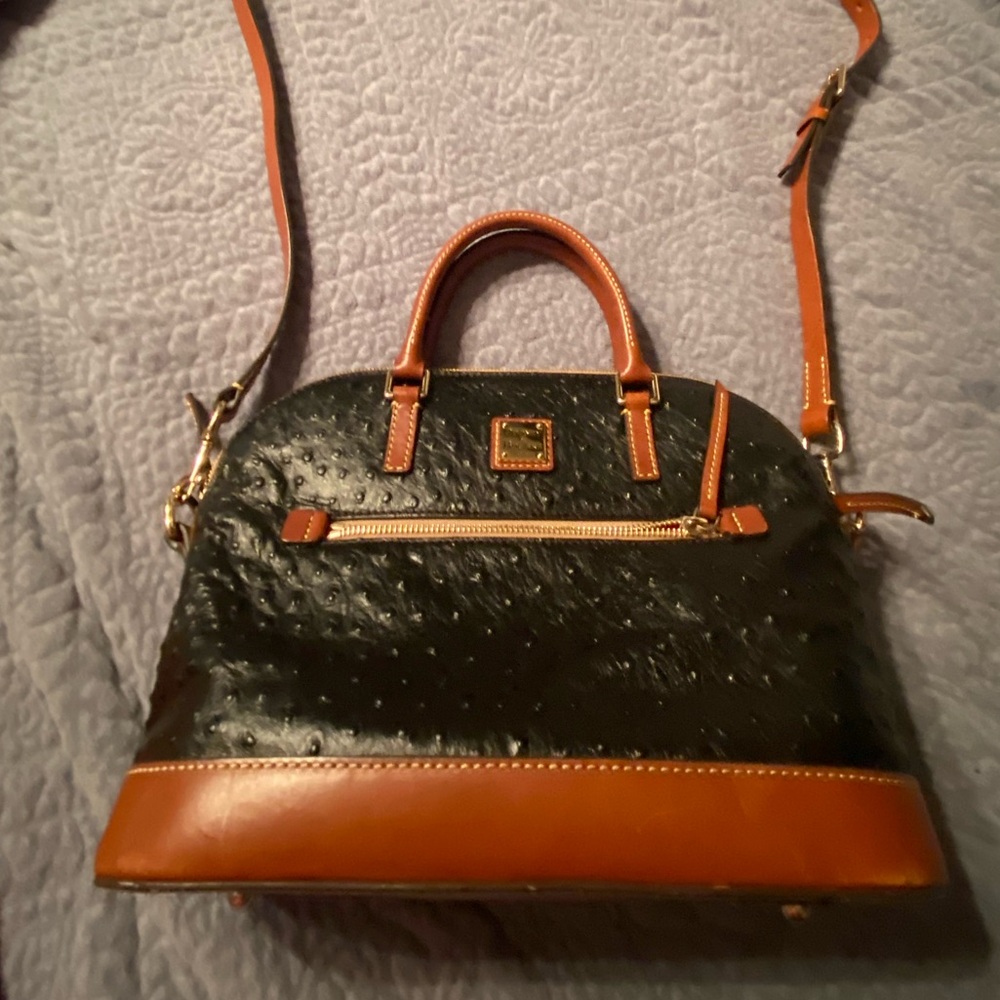 Dooney & Bourke Black Ostrich embossed satchel zip zip Bag with crossbody strap